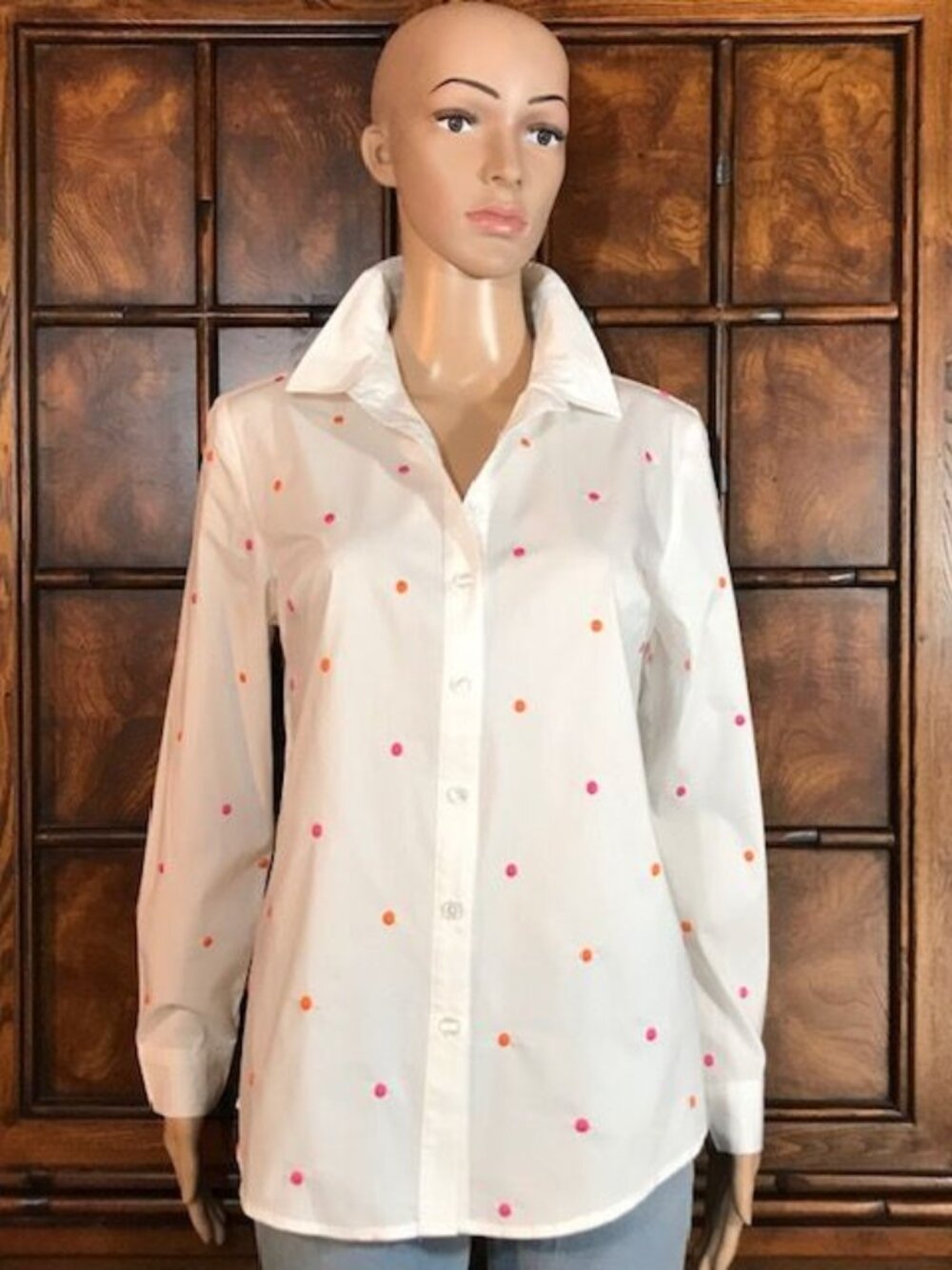 Lemon Way Cotton Blend Hot Pink Orange Embroidered Polka Dot Button Down Shirt